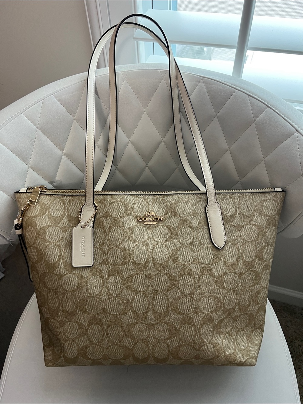 Coach Khaki Signature Canvas Tote with Chalk Trim